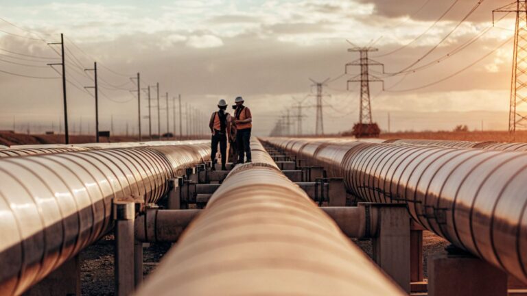 Hydrogen pipeline network with engineers inspecting infrastructure at sunset &ndash; symbol of global clean energy transition