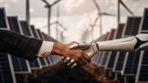 Human and robotic hands shaking in front of solar panels, symbolizing AI collaboration and sustainable energy – Taiyo Holding