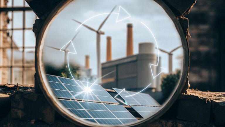 Circular energy 2026 concept showing wind turbines and solar panels with recycling arrows – Taiyo Holding